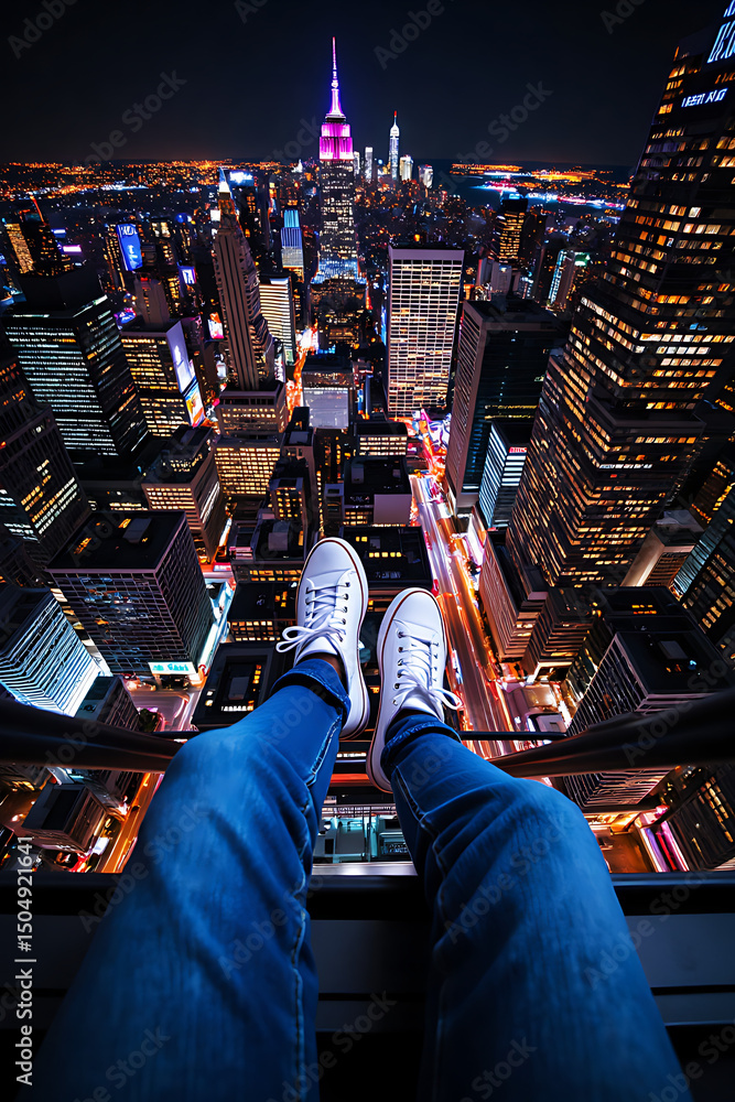 Fototapeta premium High-angle shot of a person sitting with legs, in denim pants and white sneakers, dangling from the top of a skyscraper over the neon city skyline at night