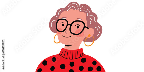 An older woman with curly grey hair wearing glasses and a polka-dot sweater, smiles warmly. Smiling, happy elderly lady with glasses.