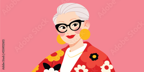 A fashionable older woman showcases style and charisma with an appealing portrait, radiating confidence and poise through illustration.
