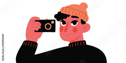 A modern man in a cozy beanie holds up a camera, capturing moments with a smile in a charming, minimalistic illustration.