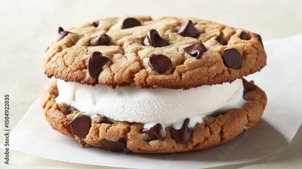 Delicious Chocolate Chip Cookie Sandwich with Creamy Vanilla Center