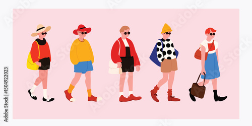 A vibrant fashion illustration showcases a diverse group of individuals walking forward with confident strides. Each person presents a unique style, embracing various fashion trends, colorful outfits.