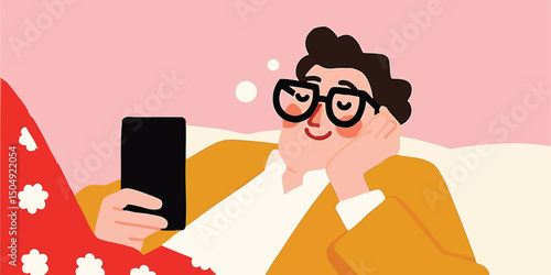 Young man lies relaxed on sofa with smartphone, lost in thought, in a trendy cartoon-style illustration.