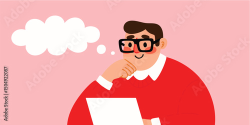 An intelligent, bespectacled man, immersed in thought, ponders an idea with a dreamy thought bubble. 