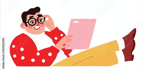 A happy individual engrossed in their tablet, exuding calm and delight, creating an appealing and comforting composition.