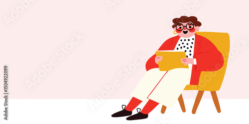 A friendly professional seated on a vibrant yellow armchair, absorbed in studying a book, creating a peaceful scene.