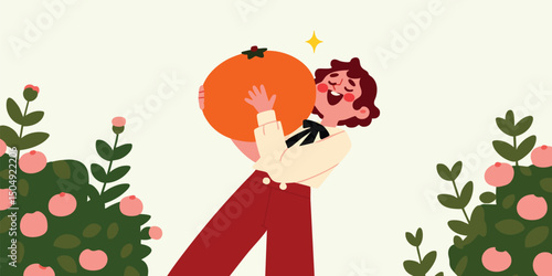 A joyful illustration showcasing a person embracing a vibrant orange persimmon with glee in a picturesque garden.