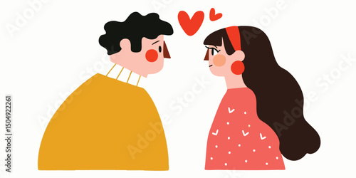 A heartwarming illustration depicts two figures in love, symbolized by floating hearts, evoking the essence of affection and connection. The artistic composition captures a tender moment.