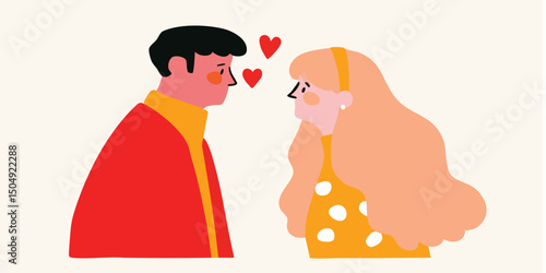A tender illustration portrays the sweet beginnings of romance, where a couple gaze lovingly into each other's eyes, their hearts visibly brimming with affection. 