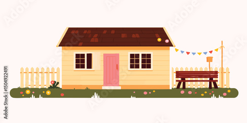 Cute little house with pink door and bunting for party.