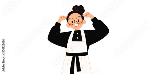 A cheerful chef gets ready to bake some delicious meal. A simple illustration of the chef with glasses and hair bun.