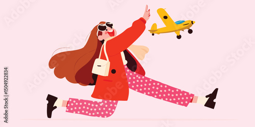 Illustration of a fashionable girl running with a toy airplane, embodying the carefree spirit of travel.