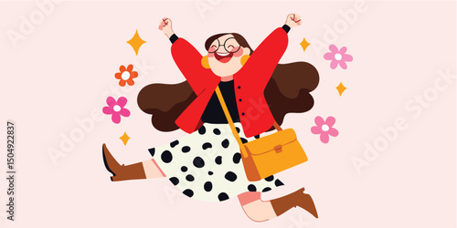 An illustration captures the unbridled joy and liberation of a woman leaping against a soft backdrop of floral accents. The whimsical style amplifies feelings of freedom.