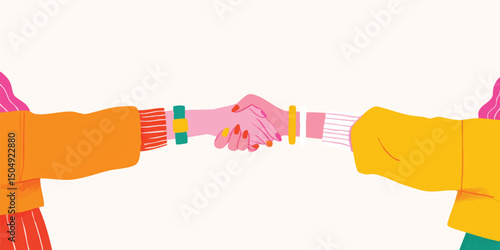 Two women clasp hands in a ...