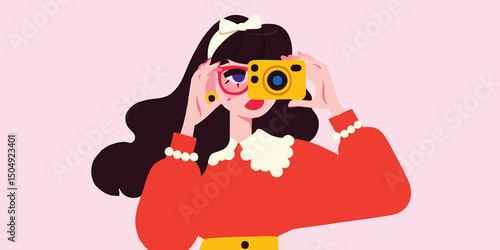 A girl in red taking photo by using yellow camera on pink studio, creating a retro aesthetic with a modern twist.