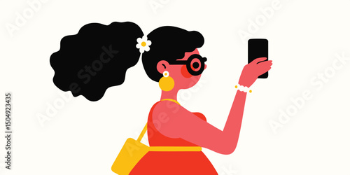 A stylish illustration of a woman taking a selfie. This playful illustration captures the spirit of self-expression and modern communication, with a unique artistic flair.