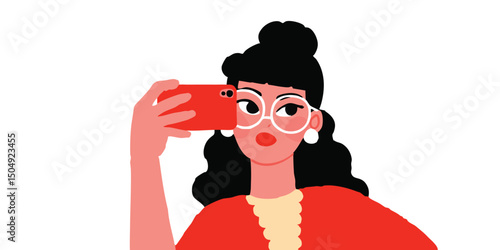 A woman in red taking photo with her phone, illustrating the action of modern day life style.