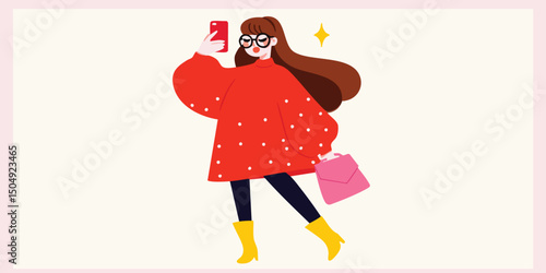 A stylish woman takes a selfie with her phone, in an animated illustration, showcasing modern lifestyle with a blend of fashion and technology. 