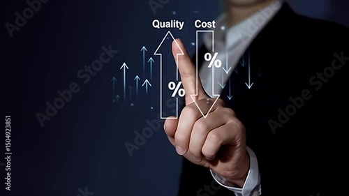 Hand Interacting with Digital Graph Displaying Increased Quality and Reduced Cost on Dark Blue Background with Business Suit and White Shirt
