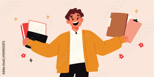 A vibrant illustration of a cheerful individual brimming with energy, joyfully holding a stack of documents, showcasing organizational skills.