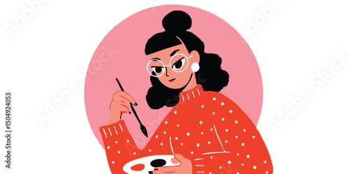 An artist immersed in creativity, the individual paints with passion, holding a palette, expressing emotions on canvas, and the artist is surrounded by an artful environment.
