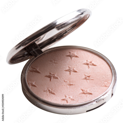 Shimmery compact powder with embossed star designs in a round metallic case.