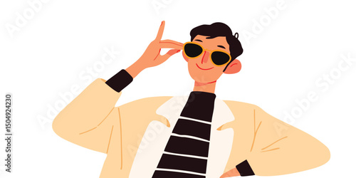 A stylishly dressed figure strikes a pose while adjusting his sunglasses, with a cool and collected demeanor. This image is a modern depiction of personal style and fashionable expression.