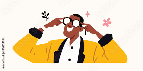 Happy person adjusting glasses, joyful expression, cheerful illustration.