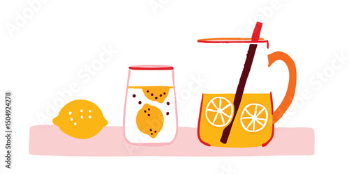 A refreshing illustration of citrus delights featuring a lemon, juice-filled glass, and pitcher with a straw, perfect for evoking a sense of refreshment and a healthy lifestyle.