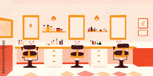 Step into a modern and stylish beauty salon, bathed in warm, inviting tones. The scene captures a clean and organized space with chairs and mirrors.