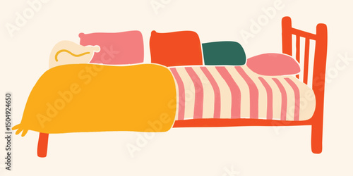 A cozy bed with colorful pillows and a warm blanket invites rest and relaxation. Ideal for illustrating themes of comfort, home, and tranquility. 