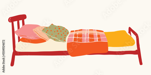 Cozy red bed with colorful pillows and blankets, inviting and restful scene.