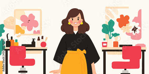 A confident stylist stands in her modern salon, ready to transform clients. The scene evokes a sense of professional beauty, care, and modern aesthetic. 