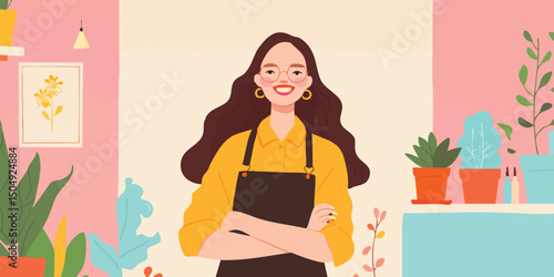 A confident florist radiates warmth and expertise within her vibrant flower shop, surrounded by lush greenery and colorful blooms.