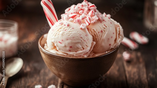 Creamy Peppermint Ice Cream with Candy Cane Topping in Rustic Bowl