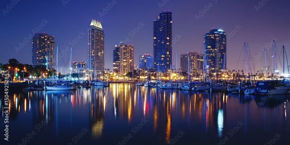 Fototapeta premium A harbor with sailboats docked, framed by a glowing metropolitan skyline
