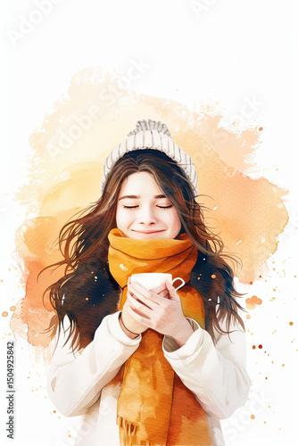 Smiling woman winter scarf hat holding cup watercolor style warm joyful illustration