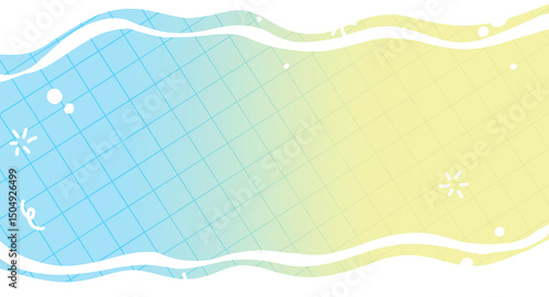 A colorful summer-themed background with a wavy frame, blue and yellow gradient, and playful graphic elements on a grid pattern