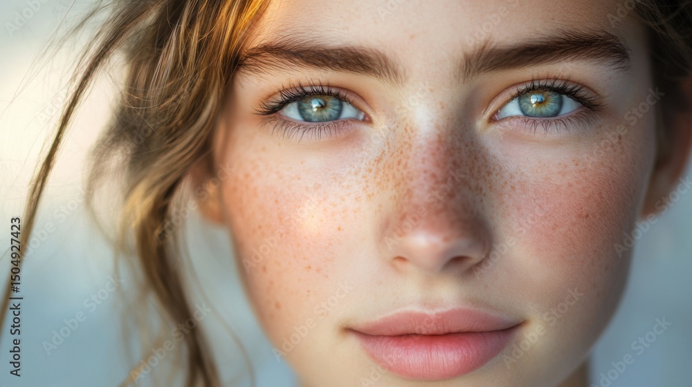 Obraz premium Young Woman with Freckles and Blue Eyes, Natural Beauty and Skincare Concept