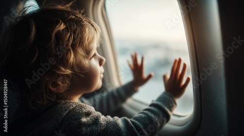 Child gazing out plane window airplane photography sunset close-up wonder and adventure