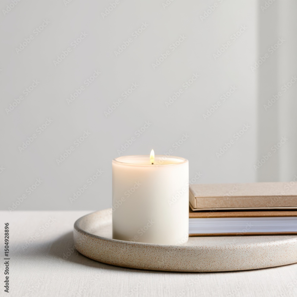 A white candle burns on a ceramic tray beside stacked books, creating a calm and minimalistic scene. A white candle burns on a ceramic tray beside stacked books, creating a calm and minimalistic scene.