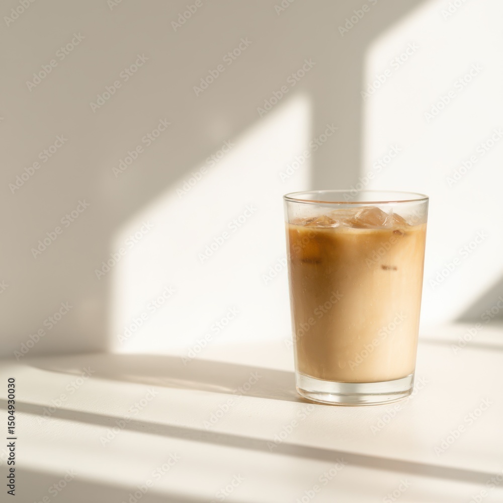A glass of iced coffee sits on a sunlit white surface, casting a soft shadow in minimalistic surroundings. A glass of iced coffee sits on a sunlit white surface, casting a soft shadow in minimalistic surroundings.