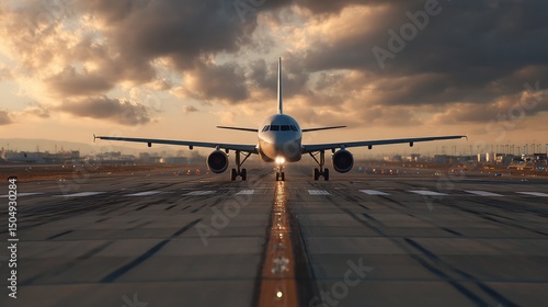 Wallpaper Mural Airplane taking off at sunset airport runway photography urban environment front view aviation concept Torontodigital.ca