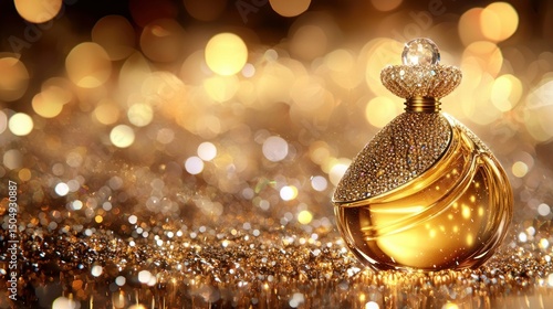 Wallpaper Mural Luxurious golden perfume bottle on a bed of glittering light Torontodigital.ca