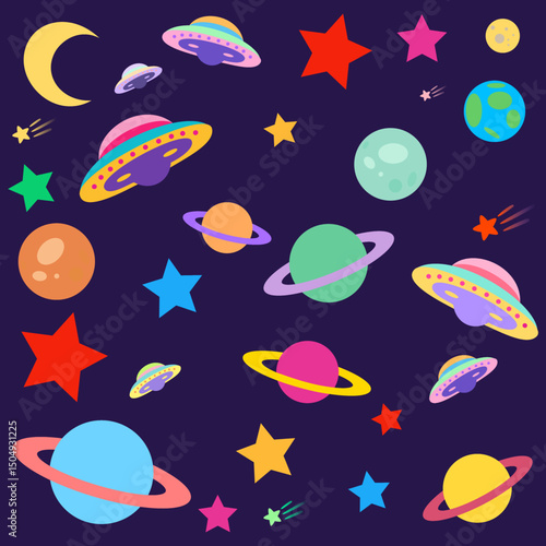Cute and Colorful Space Background with Planets, Stars, Moon, Earth, UFOs and Shooting Stars (Navy)