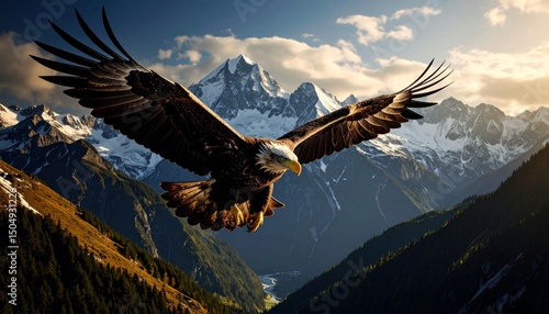 Wallpaper Mural Majestic Bald Eagle Soaring Over Mountain Landscape in Golden Sunlight Torontodigital.ca