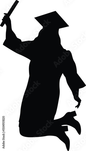 Diploma graduation silhouette illustration. Pose of happy person graduate. Student jumping graduate full body.