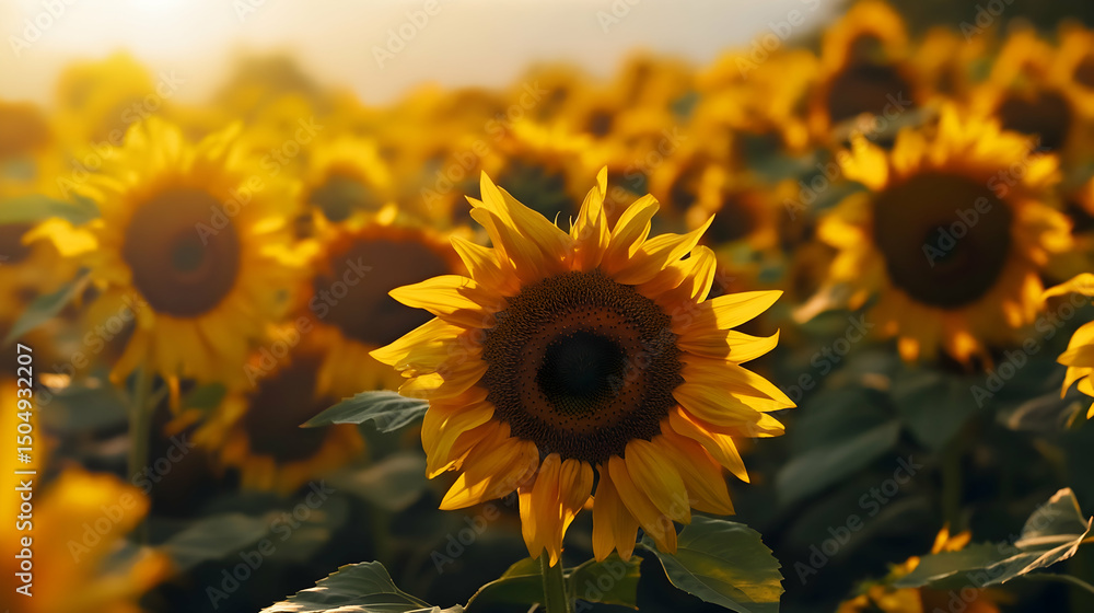 Obraz premium A field of sunflowers bathed in the golden light of sunset. The vibrant yellow petals and dark centers create a stunning contrast against the soft background.