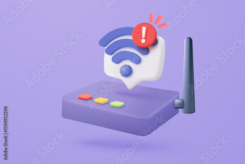 3d wireless connect and sharing network on internet with alert notice. Hotspot access point for false, problem, fail to connect. Broadcasting area with WiFi. 3d signal vector icon render illustration