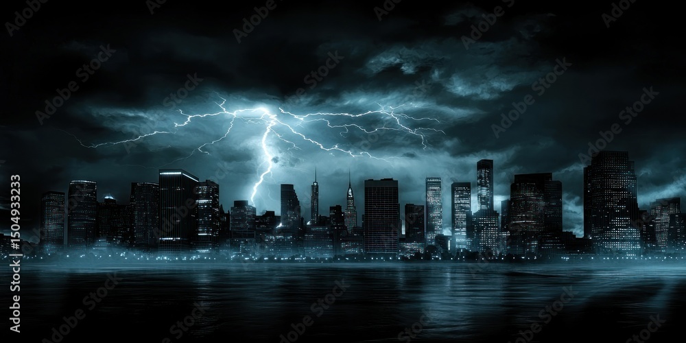 Fototapeta premium A lightning bolt illuminating the night sky above a distant city skyline